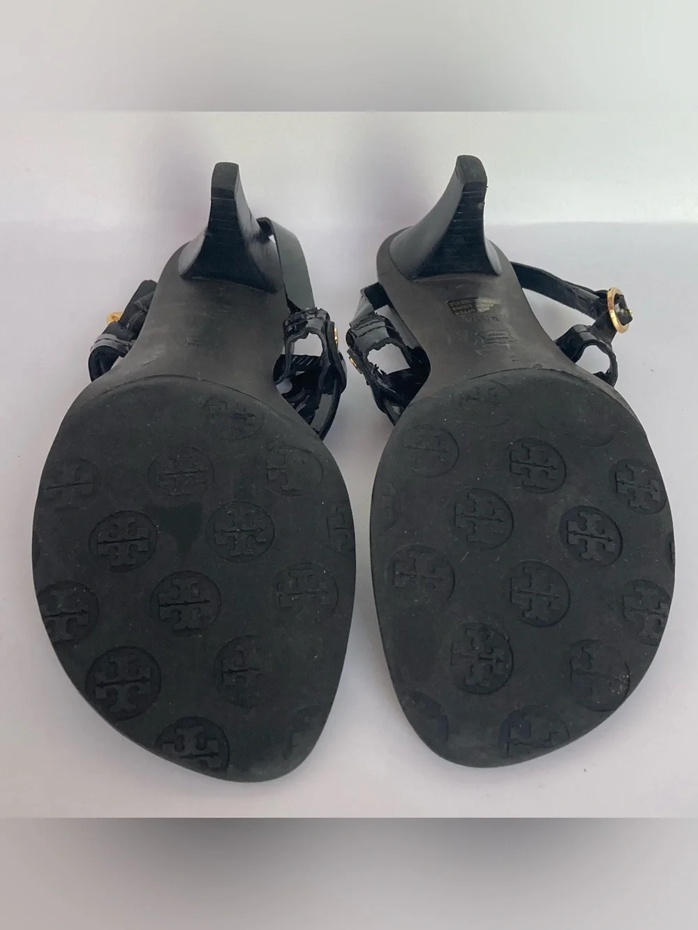 Tory Burch Miller Thong Heel Sandals Black Patent Logo Gold Accents READ